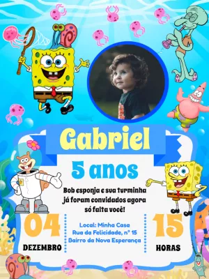 Convite Aniversário Bob Esponja com Foto para Editar Online