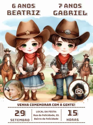 Convite Aniversário Cowboy e Cowgirl com Foto para Editar Online