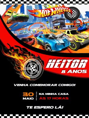 Convite de Aniversário Hot Wheels com Carros de Corrida para Editar
