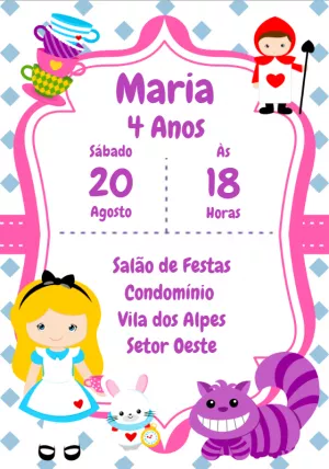 Convite Aniversário Alice no País das Maravilhas para Editar