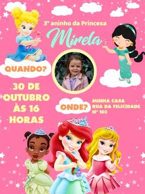Convite Aniversário Princesas Disney com Foto Editável