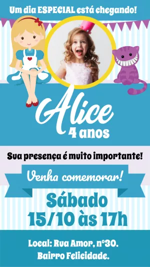 Convite Aniversário Alice no País das Maravilhas com Foto para Editar