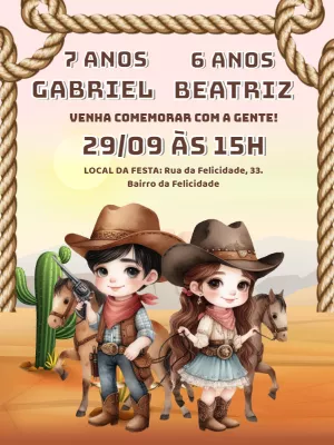 Convite Aniversário Cowboy e Cowgirl para Editar Online