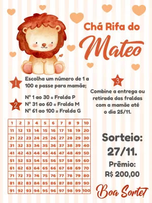Convite Chá Rifa Safari Leãozinho para Editar Online