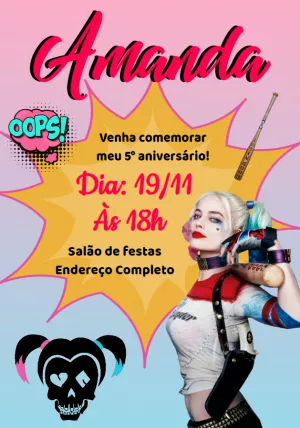 Convite Aniversário Arlequina para Editar e Imprimir Online