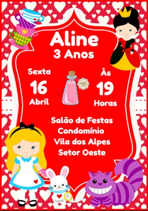 Convite Alice no País das Maravilhas com Rainha de Copas para Editar