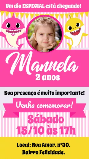 Convite Aniversário Baby Shark com Foto para Editar Online