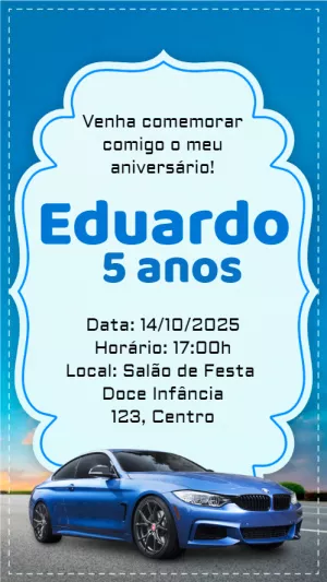 Convite Aniversário Carro Esportivo Azul para Editar Online
