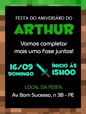 Convite de Aniversário Minecraft com Blocos para Editar Online