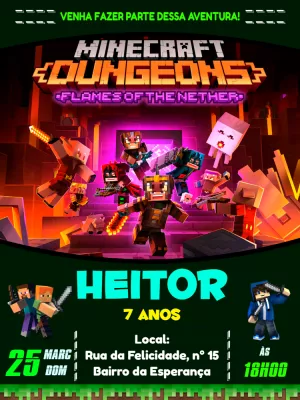 Convite de Aniversário Minecraft Dungeons Editável Online