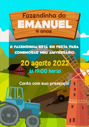 Convite de Aniversário Fazendinha com Trator para Editar Online
