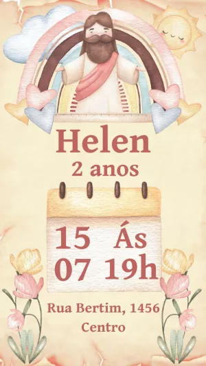 Convite de Aniversário Infantil Jesus e Arco-íris para Editar