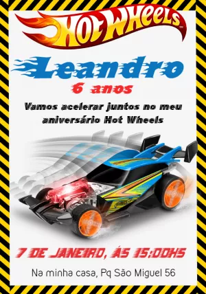 Convite de Aniversário Hot Wheels para Editar e Imprimir