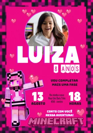 Convite Aniversário Minecraft Menina com Foto para Editar
