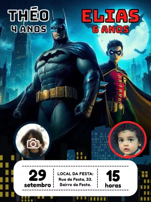 Convite Aniversário Duplo Batman e Robin com Foto para Editar