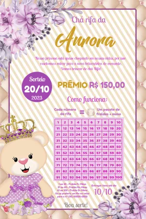 Chá Rifa Ursinha Princesa Lilás para Editar Online