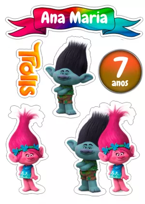 Topo de Bolo Trolls com Personagens para Editar e Imprimir