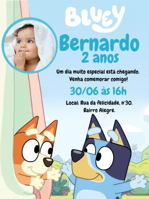 Convite de Aniversário Bluey com Foto para Editar Online