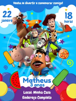 Convite de Aniversário Toy Story com Personagens para Editar