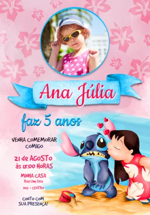 Convite Aniversário Lilo e Stitch com Foto para Editar