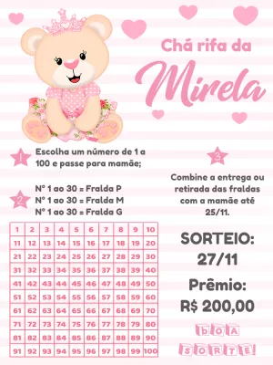 Convite Chá Rifa Ursinha Princesa Editável Online