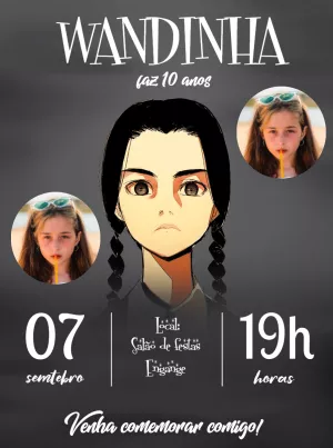 Convite Aniversário Wandinha com Foto para Editar Online