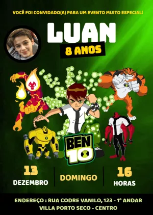 Convite de Aniversário Ben 10 com Foto para Editar Online