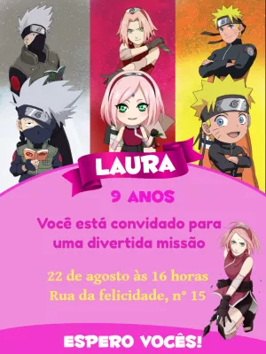 Convite Aniversário Sakura e Naruto para Editar Online