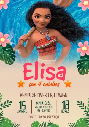 Convite de Aniversário Moana para Editar e Imprimir Online
