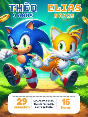 Convite Aniversário Duplo Sonic e Tails para Editar Online