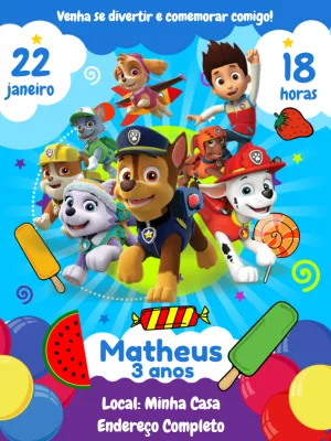 Convite de Aniversário Patrulha Canina com Filhotes para Editar