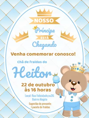 Convite Chá de Fraldas Ursinho Príncipe para Editar Online