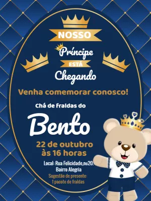 Convite Chá de Fraldas Ursinho Príncipe para Editar Online