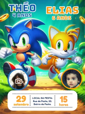 Convite Aniversário Duplo Sonic e Tails com Foto para Editar
