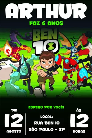 Convite de Aniversário Ben 10 com Heróis para Editar Online