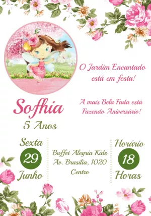 Convite Aniversário Jardim das Fadas para Editar e Enviar Online