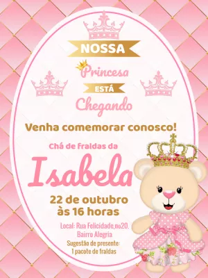 Convite Chá de Fraldas Ursinha Princesa para Editar Online