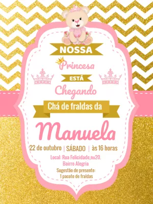 Convite Chá de Fraldas Ursinha Princesa para Editar Online