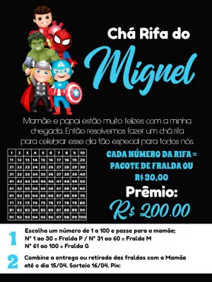 Convite Chá Rifa Vingadores Baby Editável Online para Enviar