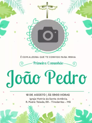 Convite de Primeira Comunhão com Foto e Folhas para Editar