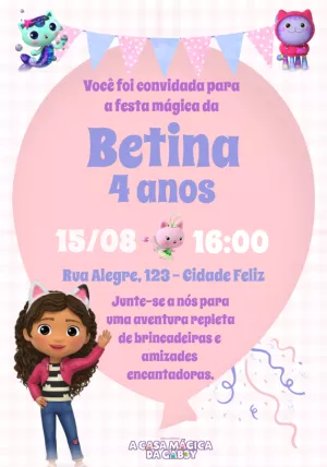 Convite A Casa Mágica da Gabby em Balão Rosa para Editar