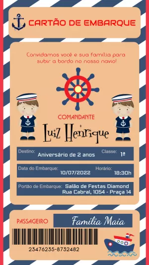 Convite de Aniversário Marinheiro Cartão de Embarque para Editar