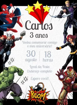 Convite de Aniversário Vingadores Super Heróis para Editar