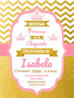 Convite Chá de Fraldas Princesa Dourado e Rosa para Editar