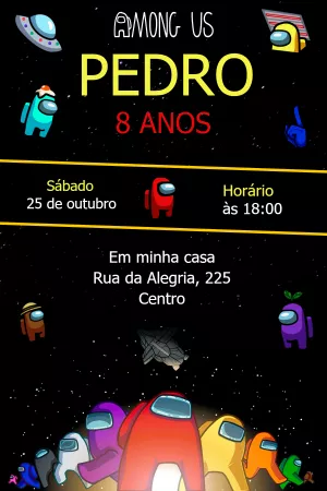 Convite de Aniversário Among Us com Personagens para Editar