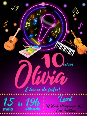 Convite Aniversário Música Neon para Editar Online