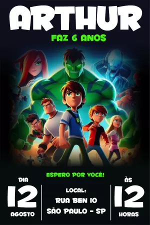 Convite de Aniversário Ben 10 com Heróis para Editar Online