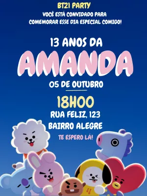 Convite Aniversário BT21 Kpop para Editar Online