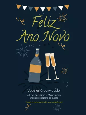 Convite de Ano Novo com Espumante e Fogos para Editar Online