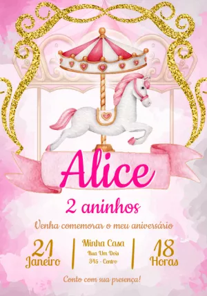 Convite Aniversário Carrossel Encantado Rosa para Editar Online